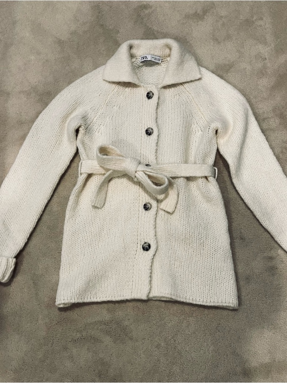 Zara Kids Cream Knit Button-Up Belted Cardigan